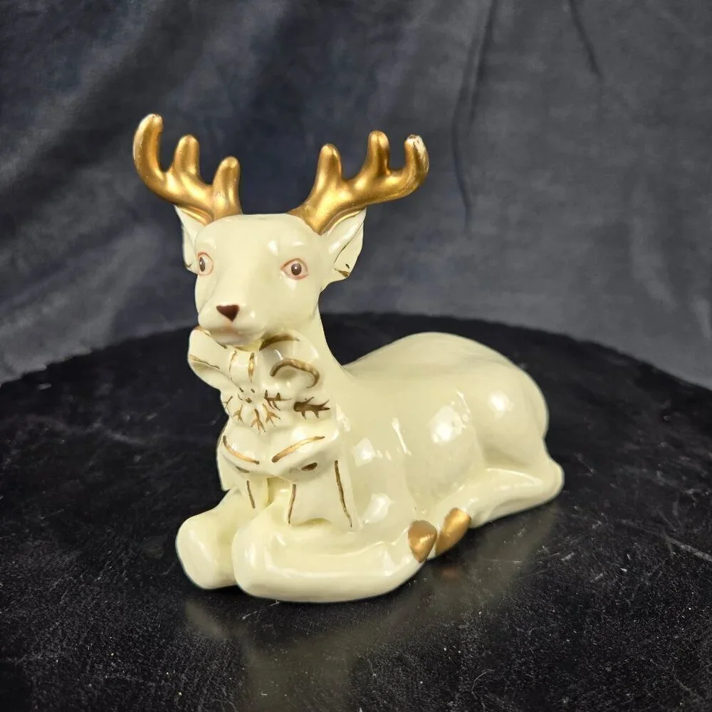 Vintage Ceramic Reindeer Figurine with Bow and Bells Cream Gold Accent Christmas